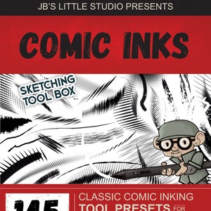Puede incluir: Un gráfico rojo y blanco con el texto "COMIC INKS" y "145 CLASSIC COMIC INKING TOOL PRESETS FOR PHOTOSHOP CS5 & UP FREE updates included with purchase!" Un personaje de dibujos animados sostiene un lápiz óptico. El texto "SKETCHING TOOL BOX" está en un cuadro blanco con un borde negro.