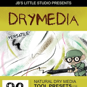 May include: A digital illustration of a person holding a stylus, with the text "DRYMEDIA" in large, bold letters. The text "90 NATURAL DRY MEDIA TOOL PRESETS FOR PHOTOSHOP CS5 & UP" is also included. The image is a product listing for a set of 90 Photoshop tool presets for creating dry media effects.