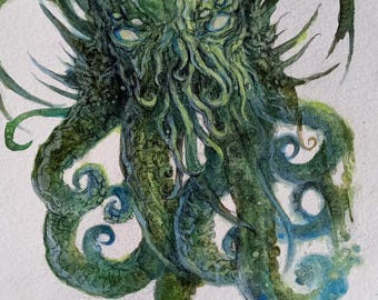 Cthulhu Original Fantasy Art Illustration Painting watercolor