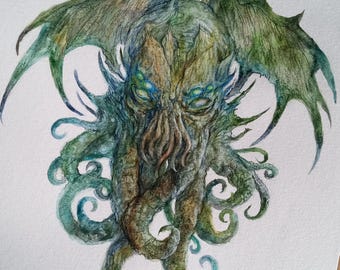 Cthulhu Original Fantasy Art Illustration Painting watercolor