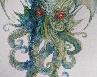 Cthulhu Original Fantasy Art Illustration Painting watercolor
