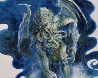 Cthulhu Original Fantasy Art Illustration Painting watercolor