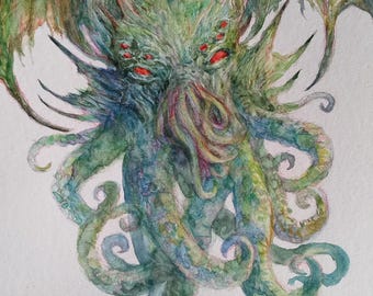 Cthulhu Original Fantasy Art Illustration Painting watercolor