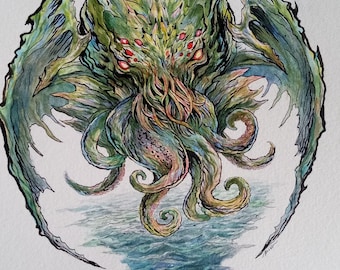 Cthulhu Original Fantasy Art Illustration Painting watercolor