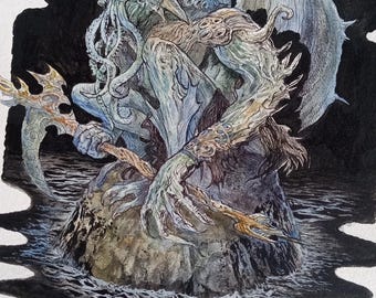 Cthulhu Original Fantasy Art Illustration Painting watercolor
