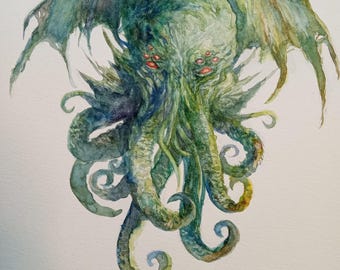Cthulhu Original Fantasy Art Illustration Painting watercolor