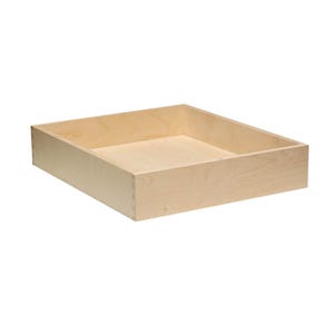 May include: A plain, unfinished wooden drawer box. The box is made of maple wood and is ready to be stained or painted.