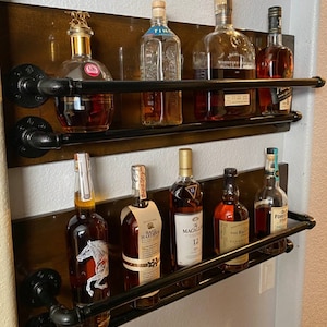 Handmade Barnwood Liquor Shelf, Industrial Pipe Bar, Rustic Man Cave Decor