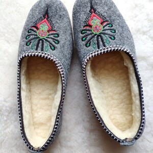 Grey Felt Ballerina, Natural Wool Slippers, Folk Colorful Embroidered Indoor Shoes, Cozy Warm Slippers For Women