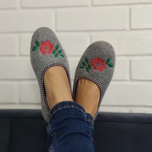 Felt Ballerina Slippers, Grey Slippers For Her, Folk Colorful Embroidered Indoor Shoes, Cozy Warm Slippers For Women