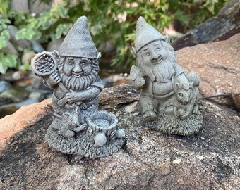 Handmade Pair of Garden Gnomes Stone Finish Or White Cement Statue