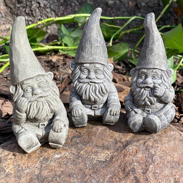 Handmade "The Three Gnomes" Matching Set Stone Finish Or White Cement Statues