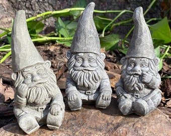 Handmade "The Three Gnomes" Matching Set Stone Finish Or White Cement Statues