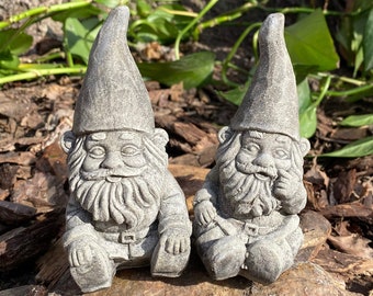 Cheerful Pair of Garden Gnomes Stone Finish Or White Handmade Cement Statues