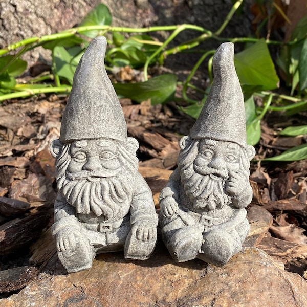 Cheerful Pair of Garden Gnomes Stone Finish Or White Handmade Cement Statues