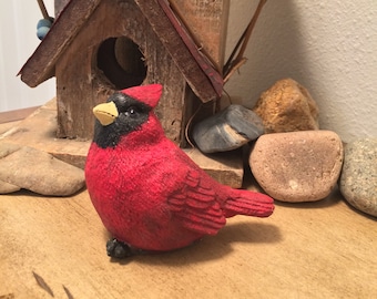 Handcrafted Cardinal Cement Figurine - Artisanal Garden Addition