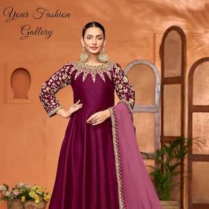 Purple Anarkali Gown with Dupatta: Embroidered Indian Wedding Dress