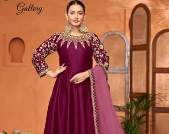 Vestido Anarkali Roxo com Dupatta: Vestido de Noiva Indiano Bordado
