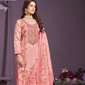 Hand Embroidered Cotton Kurti Set: Indian Print Kurta, Pink Pants