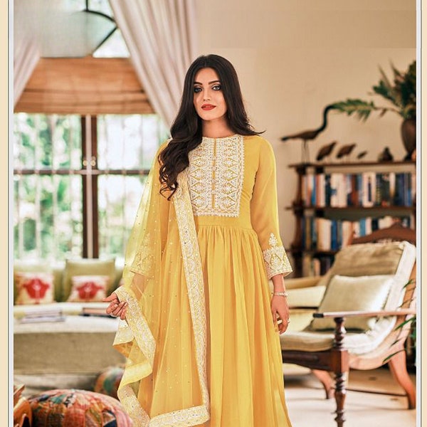 Yellow Color Indian Designer Collection Salwar Kameez Palazzo Suit Ready Made Embroidery work Pakistani Shalwar Kameez Palazzo Dupatta Dress