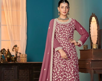Geborduurde Georgette Salwar Kameez: donkerpaarse Indiase jurk