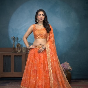 Floral Print Organza Lehenga Choli: Sequins & Zari Embroidery, Indian Wedding Wear