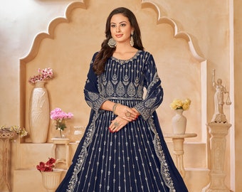 Stunning Look Navy Blue Anarkali Gown Suits Pakistani Wedding Function Wear Embroidery Worked Anarkali Salwar With Dupatta Dress For Women