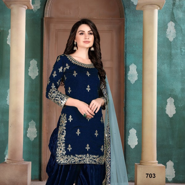 Blue Color Incredible Punjabi Patiyala Dress Party Wear Salwar Patiyala Suits Ready Made With Embroidery Work Heavy Net Dupatta Dress Suit
