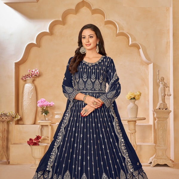 Stunning Look Navy Blue Anarkali Gown Suits Pakistani Wedding Function Wear Embroidery Worked Anarkali Salwar With Dupatta Dress For Women