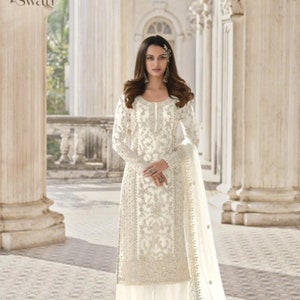 Robe de designer pakistanaise de couleur blanc cassé Salwar Kameez Dupatta, séquence de broderie prête à l'emploi, tenue de soirée spéciale pour l'Aïd