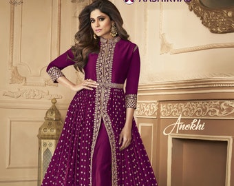 Purple Color  Designer Slit Anarkali Gown Suits Pakistani Wear Ready Made Long Split Evening Formal Wedding Wear Anarkali Trouser Dresses