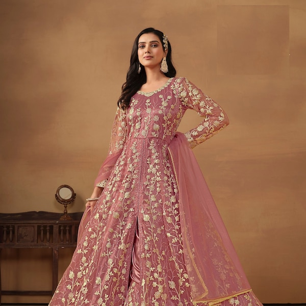 Floor Touch Anarkali Gown Suits Indiase Pakistaanse bruiloft feestkleding volgorde werk mooie kant en klare ontwerper lange Anarkali Dupatta jurk
