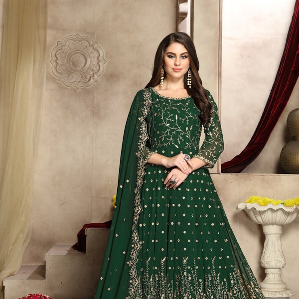 Green Color Indian Bollywood Designer Anarkali Gown Type Salwar Kameez Georgette Fabric With Embroidery Work Ready Made Full Stitched Dress