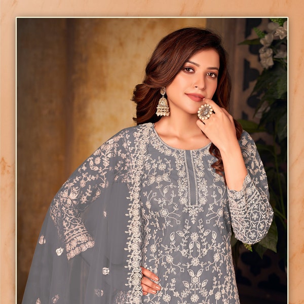 New Salwar Kameez Suit Indian Ethnic Party Wear Wedding Butterfly Net With Cording Embroidery Work Heavy Palazzo Designer Women's Wear Dress
