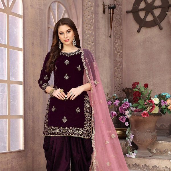 Indian Ethnic Wedding Wear Punjabi Patiyala Velvet Suits For Women Pakistani Salwar Suits Ready to Wear With Stone Worked Heavy Net Dupatta