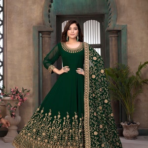 Charming Green Designer Gown Pair Faux Georgette Silk With Heavy Embroidery Thread Work Gown Salwar Kameez For Wedding Wear Ready Made Dress