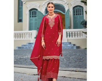 Designer Sharara Style Suit Pakistani Indian Wedding Party Wear Heavy Embroidery Work Beautiful Salwar Kameez Dupatta Dress For Women Wear