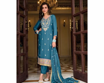 Blue Color Ethnic Wear Designer Salwar Kameez Plazzo Suits Pakistani Indian Traditional Wear Ready Made Embroidery Worked Dupatta Dresses