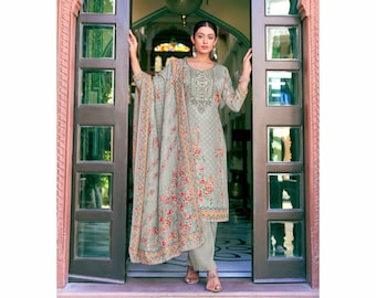 Plus Size Women's Wear Beautiful Salwar Kameez Dupatta Dresses, Embroidery Thread Work Pakistani Ethnic Wear Palazzo Pant Suit, Casual wear