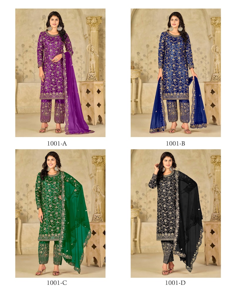 Pu&ograve; includere: Una collezione di quattro completi a tre pezzi con tuniche a maniche lunghe, pantaloni dritti abbinati e dupatta trasparenti. Ogni set &egrave; riccamente ricamato con motivi floreali in viola, blu, verde e nero con dettagli color oro.