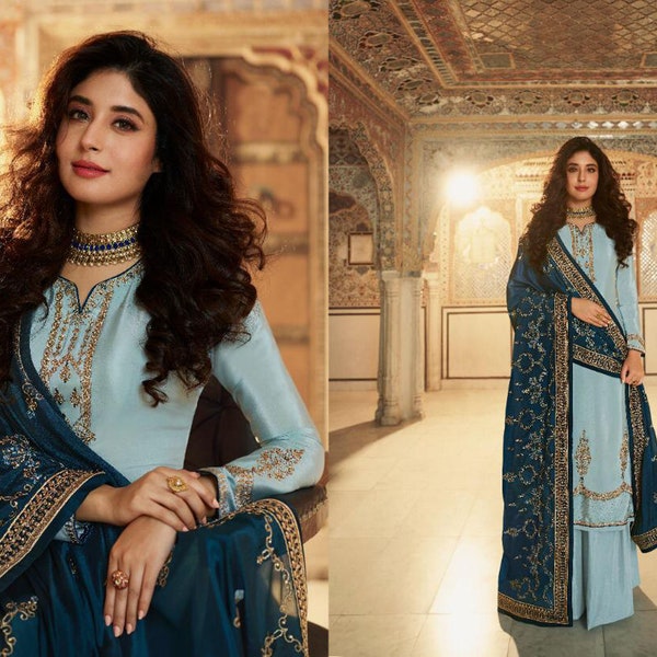 Nouvelle robe bleu ciel, couleur spéciale Eid pour femmes, designer Sharara Plazzo, robe cousue lourde, pakistanaise shalwar kameez, costumes palazzo