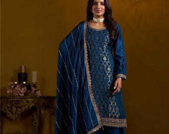 Blue Embroidered Dress, Pakistani 3 Piece Suit, Long Sleeve Salwar Kameez Dress, Pakistani Designer Dress for Women Free Shipping Dresses