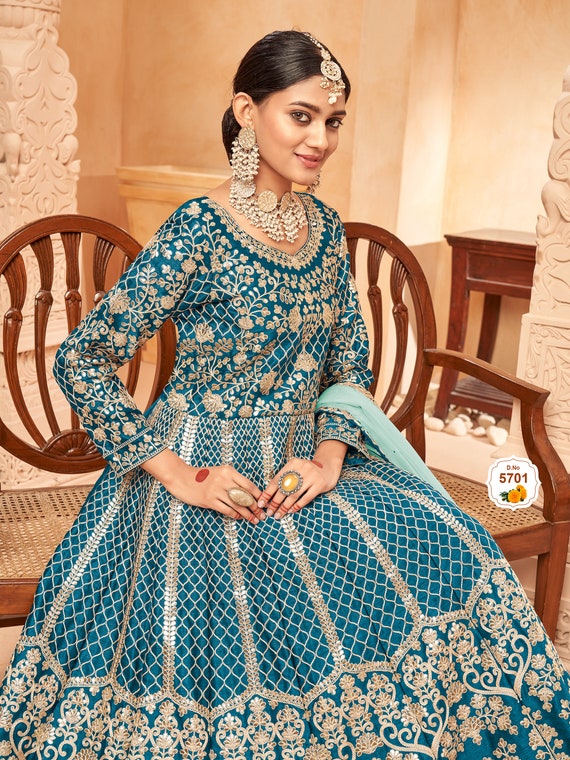 Sangeet Wear Light Cyan Color Embroidered Gown Style Anarkali Suit In Net  Fabric