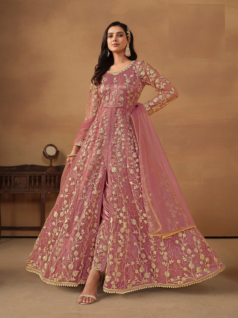 Floor Touch Anarkali Gown Suits Indian Pakistani Wedding Party Wear Sequence Work Beautiful Ready Made Designer Long Anarkali Dupatta Dress image 1