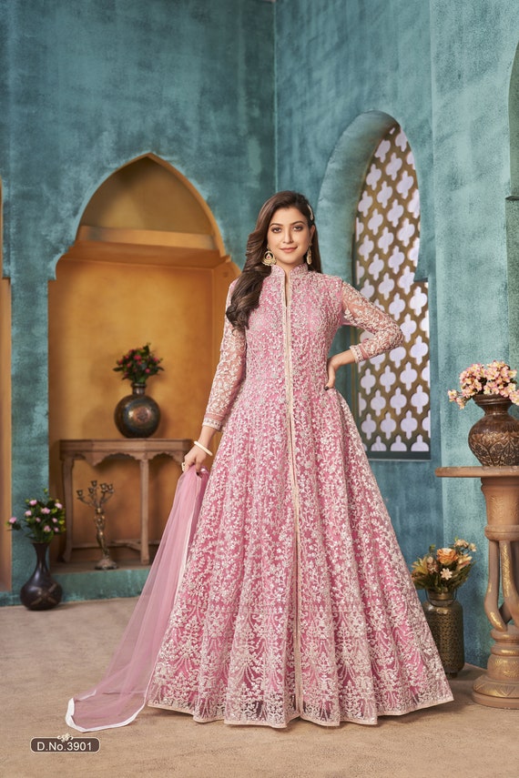 Silk Anarkali Gown In Dusty Pink Color - Hijab Online