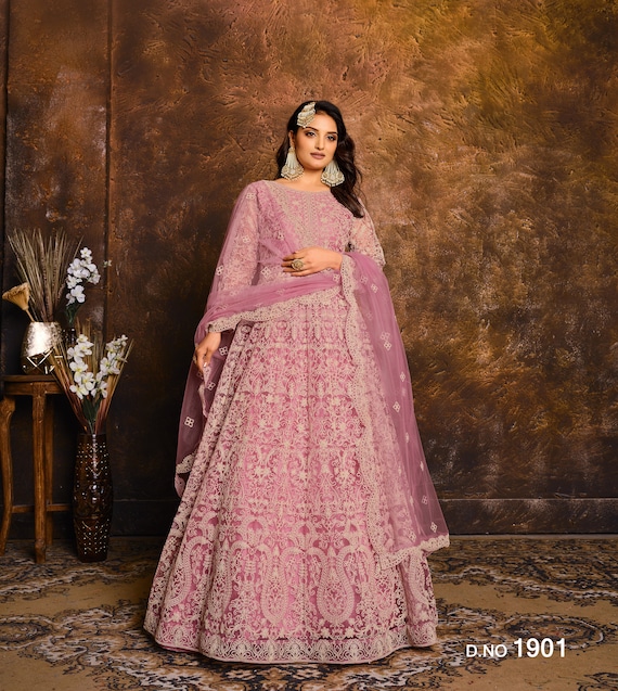 Wedding Reception Pink Color Heavy Embroidery Worked Anarkali Long Flared  Gown | eBay