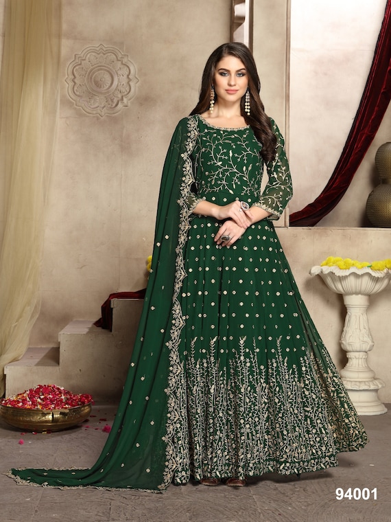 Sage Green Printed & Embroidered Wedding Anarkali Dress : r/Dresses