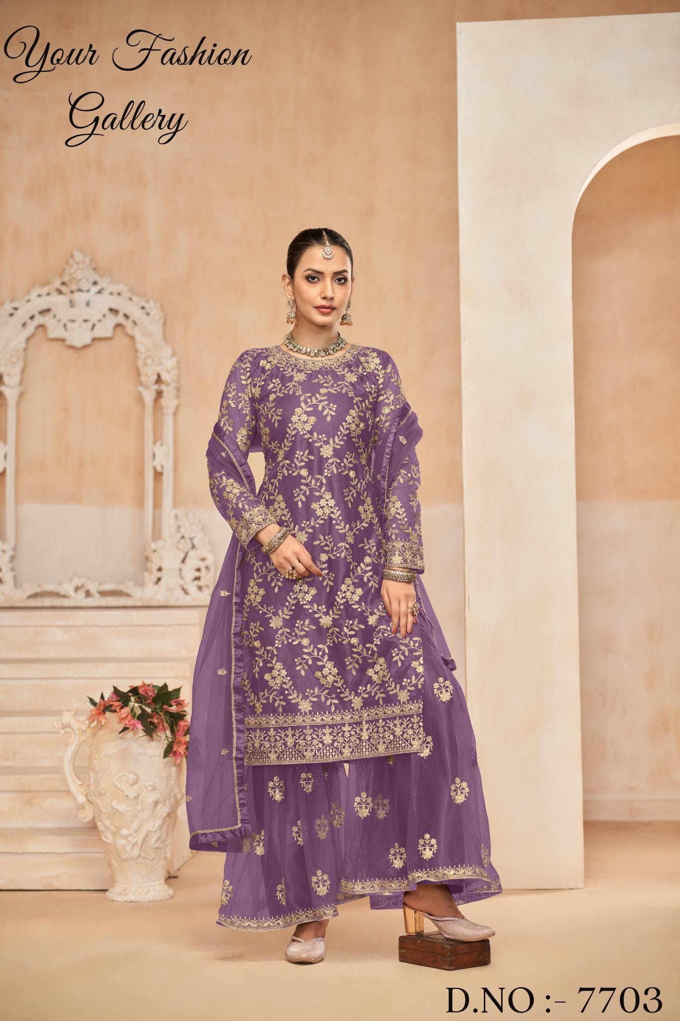 open lace back dress Pakistani Style Cotton Purple Suits Dress Material for women – Stilento main image 1