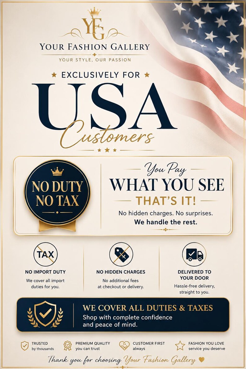 Pu&ograve; includere: Una grafica promozionale per Your Fashion Gallery con una bandiera degli Stati Uniti sullo sfondo. Il testo include EXCLUSIVELY FOR USA CUSTOMERS, NO DUTY NO TAX, YOU PAY WHAT YOU SEE THAT'S IT, NO HIDDEN CHARGES e WE COVER ALL DUTIES & TAXES.