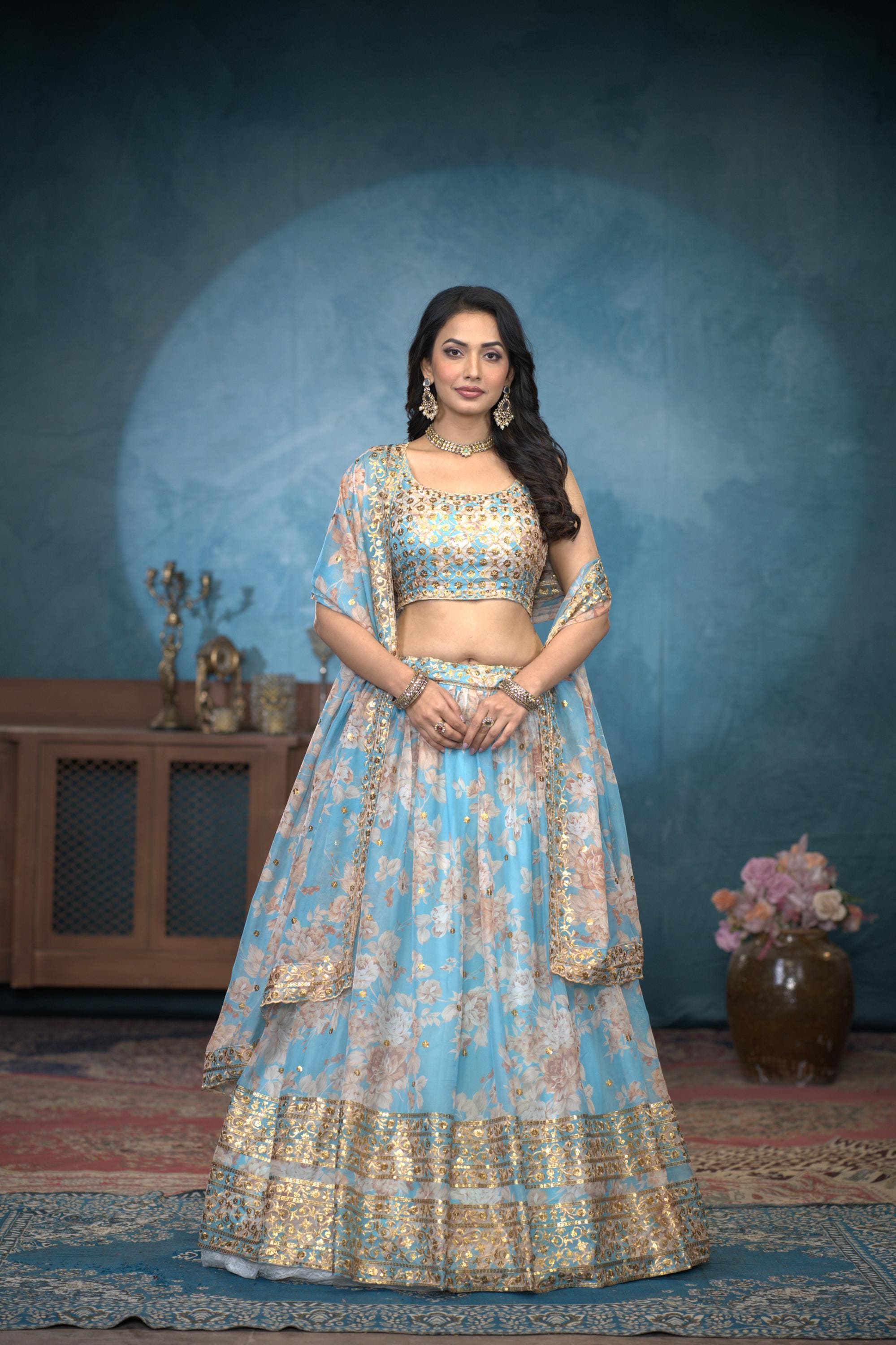 Lehenga Choli For Women Organza Floral Print, Sequins & Zari Embroidery Work Designer Party Wear Indian Wedding Ghaghra Choli Sangeet Wear